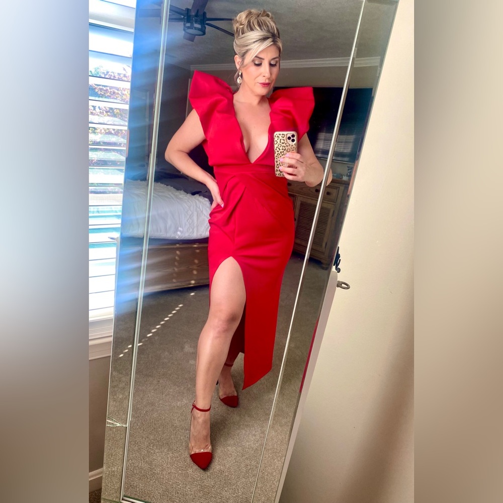 Red dress with slit and shoulder accents